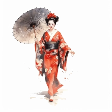 watercolor, white background, clipart, watercolor, white background, ultra-realistic and hyper-detailed clipart, 2d animation style, very beautiful confident Elegant geisha walking with a traditional umbrella (wagasa)