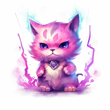 watercolor of cute electrical god cat, purple and pink lightning strikes, vector free clipart illustration, in the style of unreal engine 5, 32k uhd, detailed features, white background