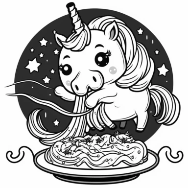 cute clipart cartoon of an happy unicorn what a belly with a plate of pasta at home coloring book cartoon style vector lines black and white with no background--v4