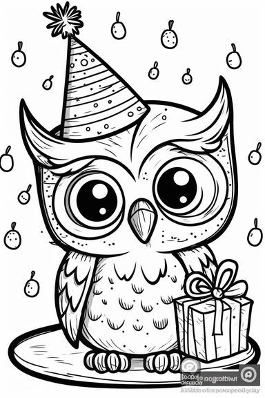 a cute and happy owl's birthday, black and white clipart for a kids coloring page, thin black lines, simple details, accurate features, illustration style
