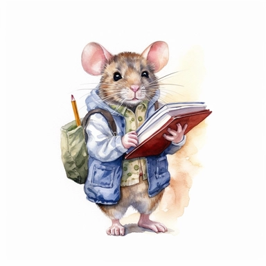 a student mouse kids studying, school uniform, detailed, hd, watercolor, white background, clipart