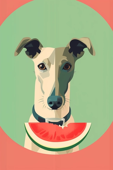 minimalism retro poster design, cvg clipart, a greyhound with a chewed up piece of watermelon in his mouth while smiling, in the style of whimsical imagery, tondo, pink and green, soggy, heatwave