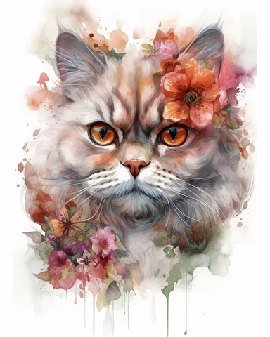 Watercolor Painting of Persian cat head on white background good anatomy, DETAILED ILLUSTRATION, Flora Design Patterns, Flemish Baroque by Rachel Ruysch, Behance, Rococo, Intricate Detailed, Soft Light Effect, Oil Paint Strokes, Light Academia Aesthetic Flowers, Lighting cinematic, all shown shimmering stamens, tyndall light, texture, colorful, 8k, fantasy, ray tracing, vivid, spectacular lighting, octane rendering, highly detailed, ultra - realistic, white background, clipart