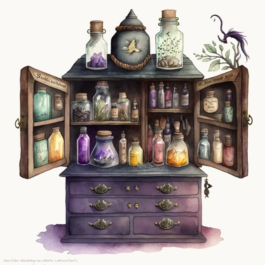 Watercolour Witches Apothecary Cabinet, fairytale, open drawers, clipart
