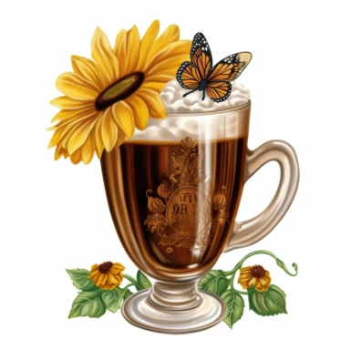 irish coffee glass, sunflowers, butterfly, western, clip art, isolated