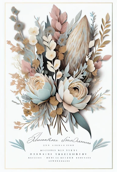 beautiful, intricate, sharp focus, light blue, tan, and pink flowers, boho wedding invitation with white fluffy tail flowers, dried grasses, show entire invitation, no border, clipart, on white background, flat lay, extreme detail, wedding invitation,