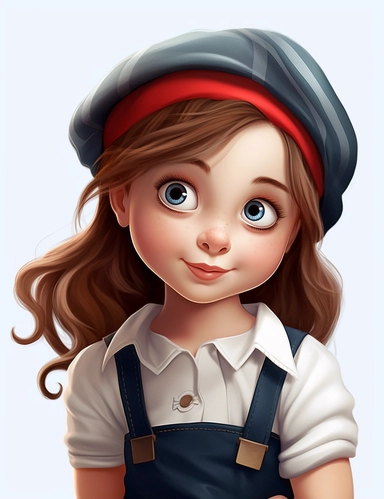 cute cartoon 6 years french girl , adorable, french style dressed, crimson, white, cyan, hyper detailed, children's illustration book, smiling with a half open mouth , looking straight into the camera vector, png, clipart, 3D, poster art,