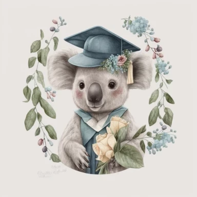 a cute little watercolour Koala Bear kindergarten graduate, nursery graduation, graduation hat, graduation celebration, wearing a graduation hat, flowers, Clipart, isolated white background