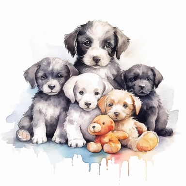 Watercolor puppies playing, with cuddly toy bone Clipart - cute dogs , Colour of blacka and silver, white background, vector art, high definition, clip art, ar 2:2