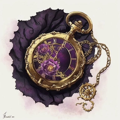 Steampunk pocket watch with a purple face and gold gears ,watercolor, Steampunk, dark purple color theme, Detailed, clipart, sweet, png transparent background