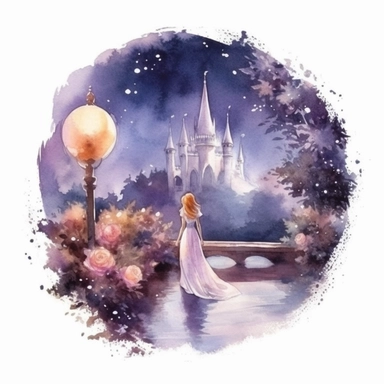 light watercolor wild castle and beauty girl in the moonlight in beautiful forest with bridges, roses, flowers,and lights realistic clipart on white background