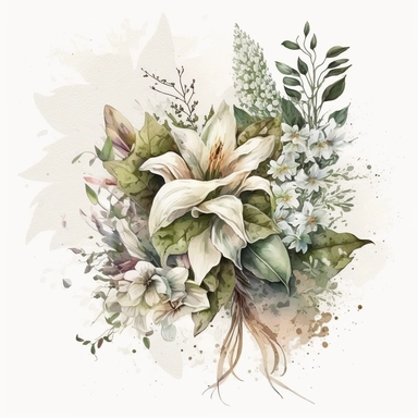 clipart aquarelle, detailed ans realistic, white background. beautiful flower tribute in white color, white theme, Bouquet for funeral, loss, sorry, with additions like sash ribbon