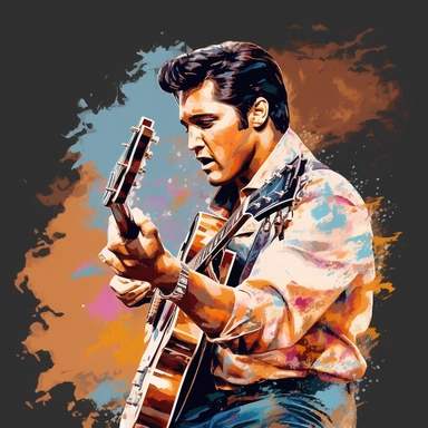 portrait view, full view, beautiful colors, beautiful image of Elvis Presley with guitar and microphone, romantic, fantasy, sharp focus, high detail, 8k illustration clipart style, transparent background, (--iw 8)