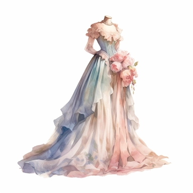 A victorian relaxed dress with a flowing skirt crossover neckline and floral patterns on the dress on tailor dummy on white background clipart, soft pastel colors, in the style of realistic watercolors, in style of Willem Haenraets, feminine sensibilities, realistic depictions of human form, detailed illustrations, made of all of the above, clean background, white background, on a white background, transparent background