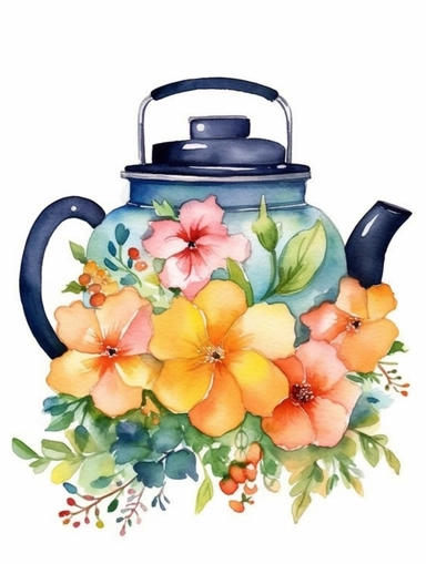 Watercolor clipart with white background, cute floral tea pot , cute and adorable, flat design, clearly defined separated image, high quality