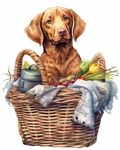 detailed watercolor Chesapeake Bay Retriever on a basket realistic clipart
