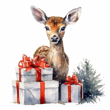 one christma deer and gift box watercolor clipart on a white background, in the style of detailed nature depictions, whimsical drawings , no watermark, text, 300 DPI , typography, shapes do not stick together, no text in the picture, on a white background