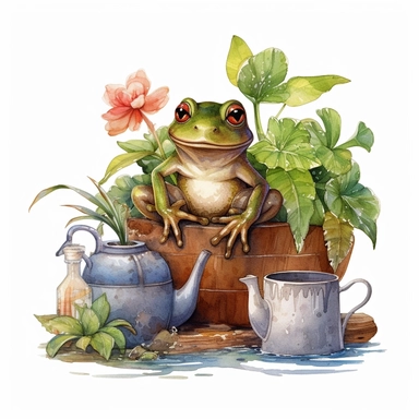a Cute Frog taking care of house plants, plant lover clipart, vintage illustration, vintage print poster, Woods Forest Animals Frog PNG Frog Daisy Flowers Water Lilies Sublimation watercolor print, white background, watercolor paint, procreate watercolor drawing, Watercolor Sublimation design, realistic cartoon, realistic water based colors, clipart, transparent white background