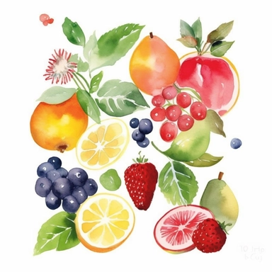 watercolor clipart, fruits, bright colors, simple, minimalist, vintage storybook style, isolated white background, 8k