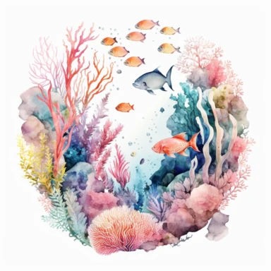 watercolor ocean coral reef with pastel coral and colorful sea life and tropical fish clipart white backround
