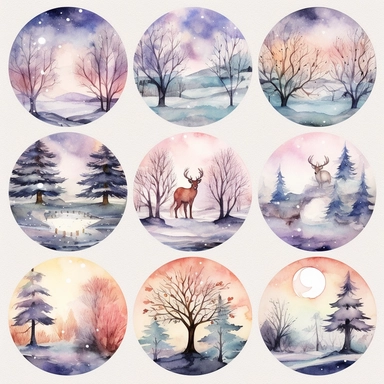snow,flake, geometry ,fantasy scene, Watercolor clipart bundle, png format, 300 dpi, 8k, colorful