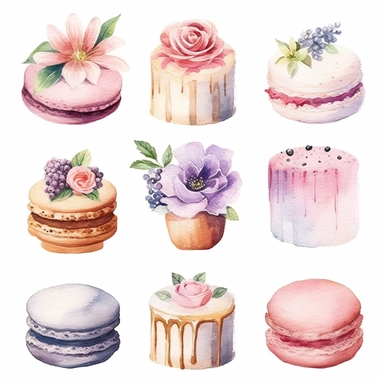 high detail watercolor pastel clipart white background petit fours with floral accents