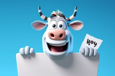 character cartoon cow with banner in clipart 3d image, in the style of unreal engine 5, natalia rak, movie still, matte photo, lightbox, relief, white and cyan