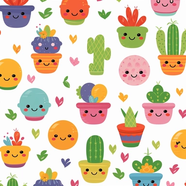Immerse yourself in a delightful world of cuteness with a charming cactus pattern rendered in an adorable cartoon style, reminiscent of whimsical clip art. Picture an array of lovable cacti, each showcasing its unique personality through playful expressions and endearing features. The pattern should be filled with a vibrant array of complementary cold colors, evoking a sense of tranquility and freshness. Against an Abbey White background, the cacti will stand out, radiating their charm. Maintain