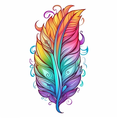 Produce a meticulously hand-drawn clipart (medium) showcasing a stunning Boho rainbow Feather (content), exuding an air of bohemian charm. Isolate the feather on a crisp white background to accentuate its intricate details. Embrace a style inspired by the whimsical illustrations of Alphonse Mucha, combining organic elements with art nouveau aesthetics. Utilize soft, diffused lighting (lighting) that gently caresses the feather, enhancing its delicate textures. Opt for a vibrant color palette (co
