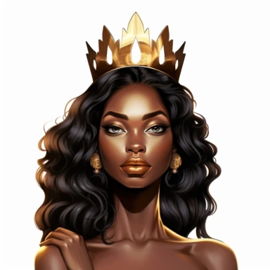 black dark-skin women with long natural hair wearing a golden crown staring straight forward with big shiny lips, clip art