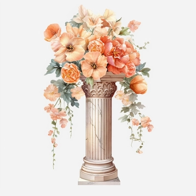 watercolour beautiful realistic peach floral wedding flower spray on roman pillar tall stand realistic elegant wedding floral display stand with white glitter wedding flowers ,clip art graphics , PNG image,transparent background ,ultra highly detailed, 18k, sharp focus, bright photo with vibrant colours, digitally enhanced,photographic, enhanced graphics, png format, straight, sharp focus, bright lighting, intricate detailed png image ,high definition,300dpi,graphic clipart,computer graphics