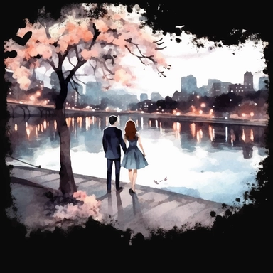 Watercolor, A couple by the river in bloom, night,clipart on black background