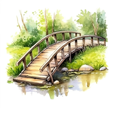 watercolour, wooden bridge over creek, summer, detailed, clipart white background