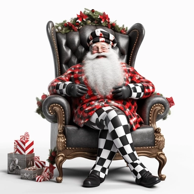 full body image of a happy and plump big Santa Claus wearing a red classic Santa hat Mackenzie Childs style, with a black and white harlequin belt, sitting in a black and white striped oversized chair and beautiful garland behind his chair clipart 8k white background