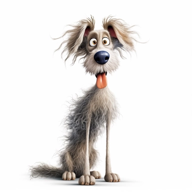a skinny dog with frizzed out hair, crazy looking expression, exceptionally funny, silly, goofy dog, full body image, pixar style, clipart, white background,