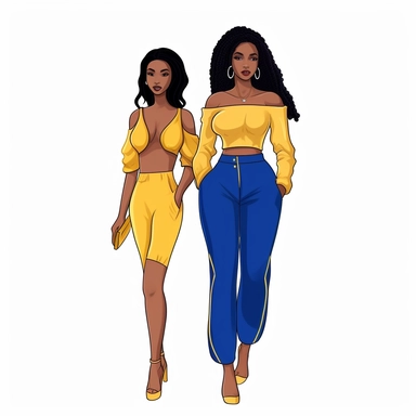 3 full body melanin sorority girls wearing royal blue and mustard yellow with white background vector clipart, character drawn with thick black lines like for a coloring book