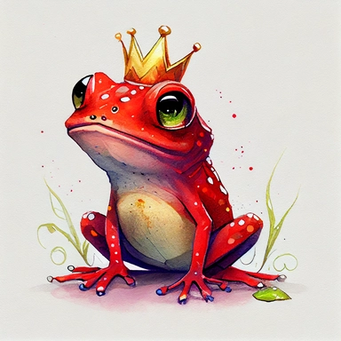 funny red rubby with diamond crown shine color, magic frog with funny dots, cartoon style, white background, black outside lines, designs, white background, watercolor pencil drawing, small details, digital art, clipart, super acurate, –testp, pixar,