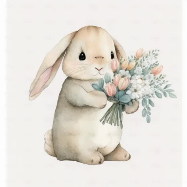 cute bunny holding flowers between hands clipart, watercolor, white background
