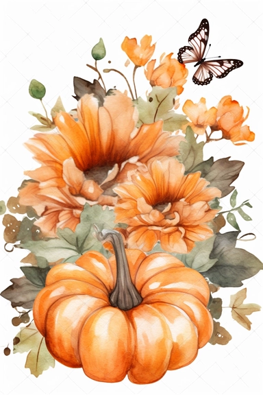 Halloween clipart, orange pumpkin flower Delicate watercolor illustration, White background, Cozy, clear picture, 8k, hd, isolatee on a white background, Wreath, Frame Clip Art