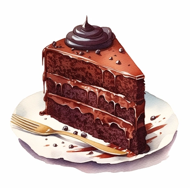 one Chocolate cake clipart on a white background, in the style of watercolor illustrations, tilt-shift lenses, detailed sketching, vibrant color choices, elaborate borders, isometric, assemblage pieces, no watermark, text, 300 DPI , typography, shapes do not stick together, no text in the picture, on a white background
