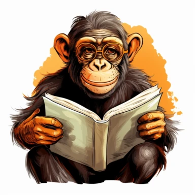 Clipart of a curious monkey sitting and reading a book, hand-drawn back to school clip art, white background