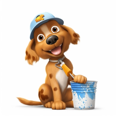 clipart, cartoon brown dog like a painter painting a wall, cap on head, in the style of imax, playful and lighthearted compositions, childlike innocence and charm, uhd image, realistic and hyper-detailed renderings, movie still, utilizes, white background