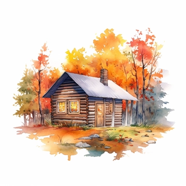 a log cabin in the woods with a garden. it is autumn. on a white background. clipart. watercolour