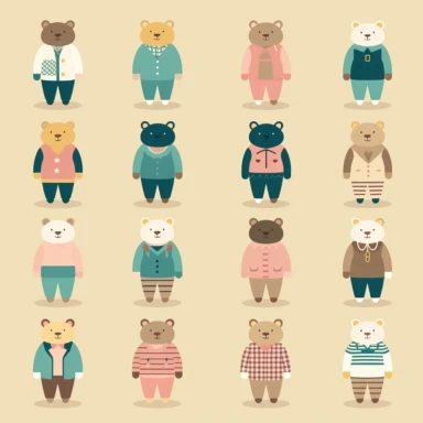 A modern, simplistic illustration showing a cute Teddy Bear with fashionistic human outfits in Cliparts. The illustration should be in a playful flat design style. Make sure there is no use of shading, tone or texture. The illustration should have a simplified, streamlined appearance. The illustration should be well-suited for use in digital or print media, such as infographics in white background.