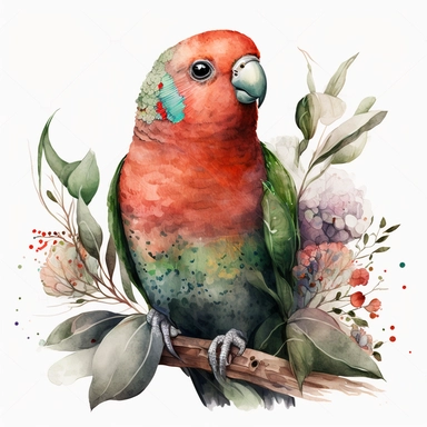 watercolor clipart of a cute Australian King Parrot bird with big eyes, native flowers, no background. Sharp face of animals. Adorable. High quality.