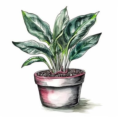 single houseplant in pot, watercolor clipart, beautiful houseplant , landscape art, scrapbook, black contour around the leaves,