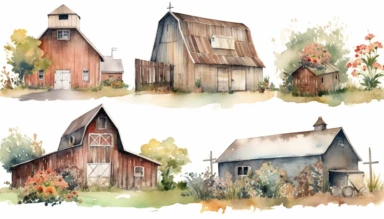 watercolor clipart set illustrations of old barns and sheds with flowers on white background