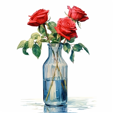 hyperrealism painting, red roses in a water bottle , white background, watercolor style, farmhouse chic, tempera clipart