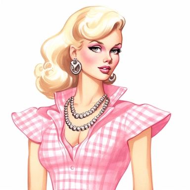 hand drawn illustration, of a Barbie from the movie, wearing a pink gingham dress and pear necklace, high quality, clipart, white background