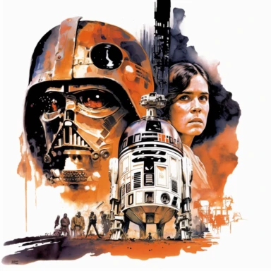 FIRST STAR WARS MOVIE RELEASED in 1977, in watercolor style clipart, darker tones, high contrast, white background